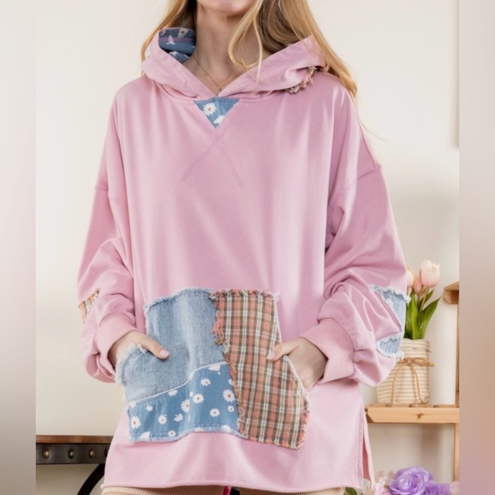 Pink Women's Patchwork Hooded Sweatshirt